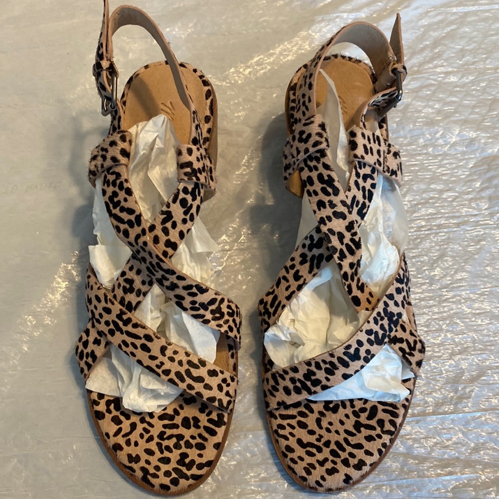 NEW Madewell Calf Hair Sandals Block Heel Black Tan Leopard Straps Size 9 1/2